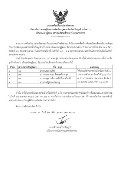 ประกาศผู้ผ่านสอบคัดเลือกบุคคลเพื่อจ้างเป็นลูกจ้างชั่วคราว (ตำแหน่งครูผู้สอน วิชาเอกสังคมศึกษา) จ้างเหมาบริการ