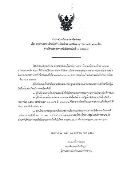 ประกาศโรงเรียนแม่ทาวิทยาคม เรื่องประกวดราคาจ้างก่อสร้างก่อสร้างอาคารโรงอาหารขนาดเล็ก 260 ที่นั่ง ด้วยวิธีประกวดราคาอิเล็กทรอนิกส์ (e-bidding)